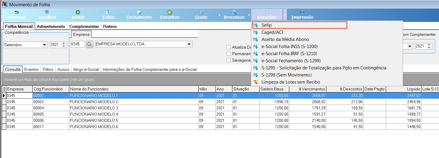Tela Movimento de Folha com menu Gerações expandido, item Sefip destacado em vermelho, ao lado das opções Caged/ACI, Acerto da Média Abono, e-Social Folha INSS (S-1200), e-Social Folha IRRF (S-1210), e-Social Fechamento (S-1299), S-1295, S-1299 (Sem Movimento) e Limpeza de Lotes sem Recibo