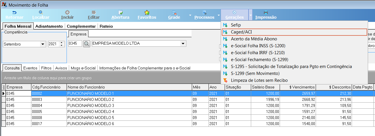 Tela Movimento de Folha com menu Gerações expandido e item Caged/ACI destacado em vermelho