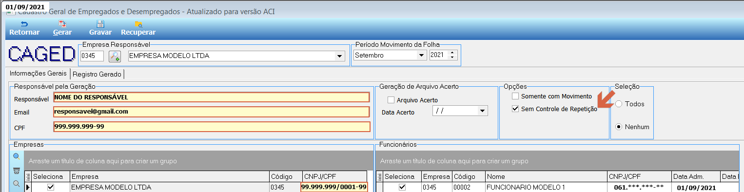Tela CAGED com opção Sem Controle de Repetição marcada (destacada); grid de funcionários com EMPRESA MODELO LTDA exibindo funcionário modelo com CPF parcialmente mascarado (061.***.***-**) e data de admissão