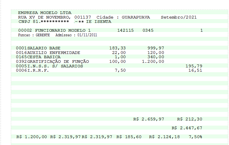 Contracheque gerado em formato matricial (texto) para EMPRESA MODELO LTDA, setembro/2021, exibindo eventos de vencimentos e descontos de funcionário modelo com totais de vencimentos, descontos e líquido; CNPJ parcialmente mascarado