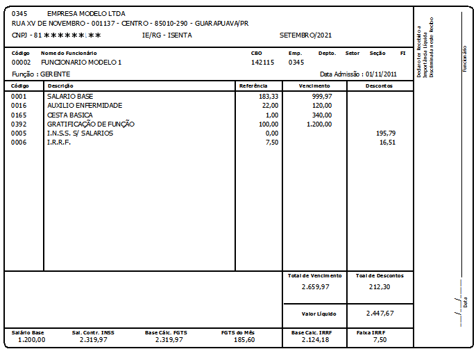 Contracheque gerado em formato gráfico para EMPRESA MODELO LTDA, setembro/2021, exibindo funcionário modelo com função Gerente; eventos listados em colunas Código, Descrição, Referência, Vencimento e Descontos; totais de Vencimento, Descontos e Valor Líquido; bases de Salário, Sal.Contr.INSS, Base Cálc.FGTS, FGTS do Mês, Base Cálc.IRRF e Faixa IRRF no rodapé