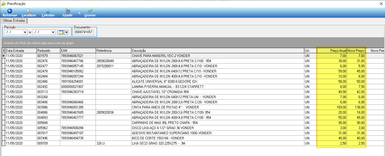 Janela Precificação do documento 0000741657 listando itens com colunas Data Entrada, Reduzido, EAN, Descrição, Preço Atual e Novo Preço
