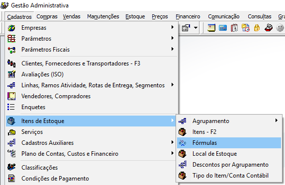 Menu Cadastros com submenu Itens de Estoque expandido e opção Fórmulas destacada