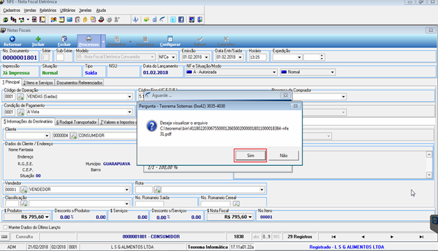 Caixa de diálogo do sistema perguntando se o usuário deseja visualizar o arquivo PDF gerado, com botões Sim e Não; ao fundo, tela Notas Fiscais com a nota 0000001801 selecionada, situação Normal e NF-e Autorizada