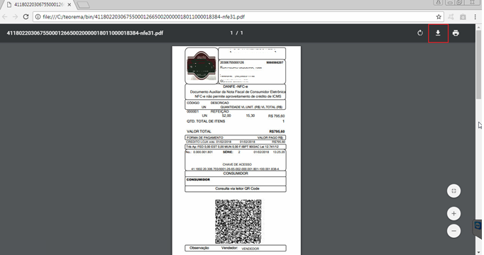 DANFE-NFC-e aberto no navegador, exibindo campos de produto (código, descrição, quantidade, valor unitário e valor total), seção Valor Total, Forma de Pagamento, Chave de Acesso e QR Code do consumidor; ícones de download e impressão visíveis na barra do navegador