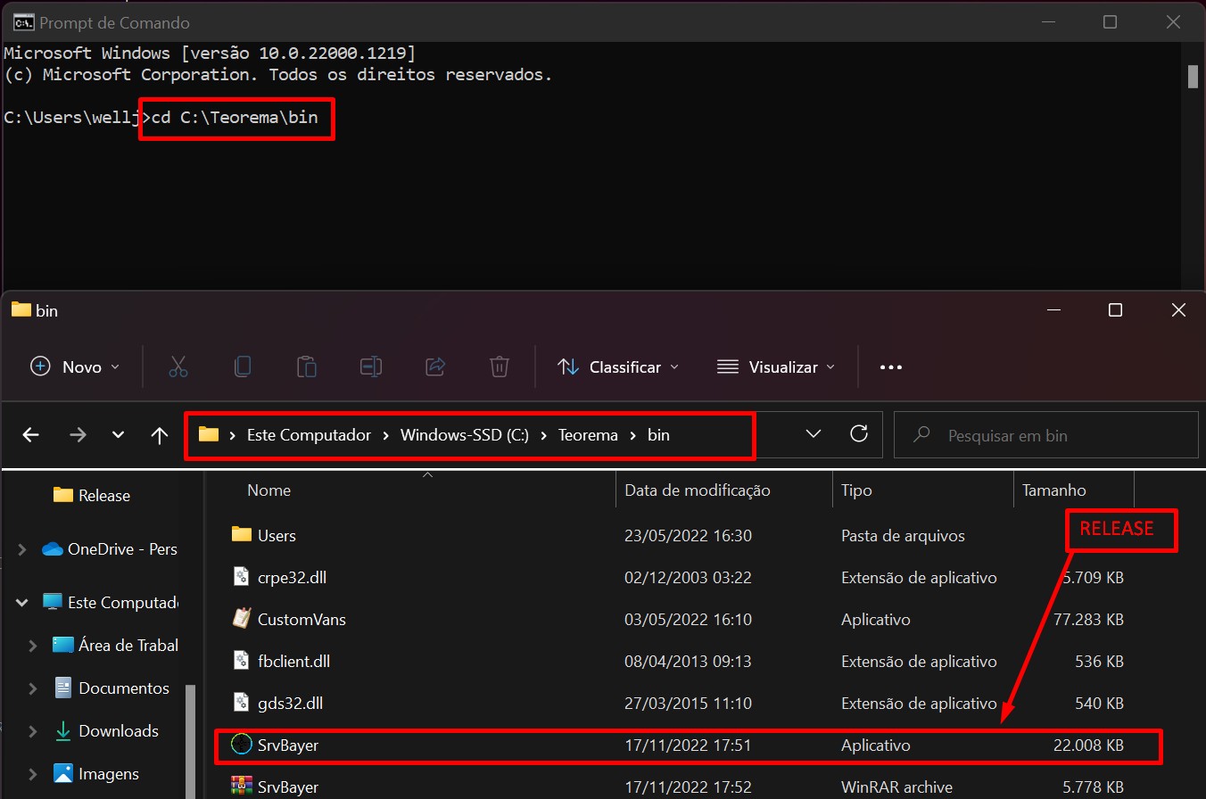 Prompt de Comando com comando "cd C:\Teorema\bin" e o Explorer mostrando o conteúdo da pasta C:\Teorema\bin com o arquivo SrvBayer destacado