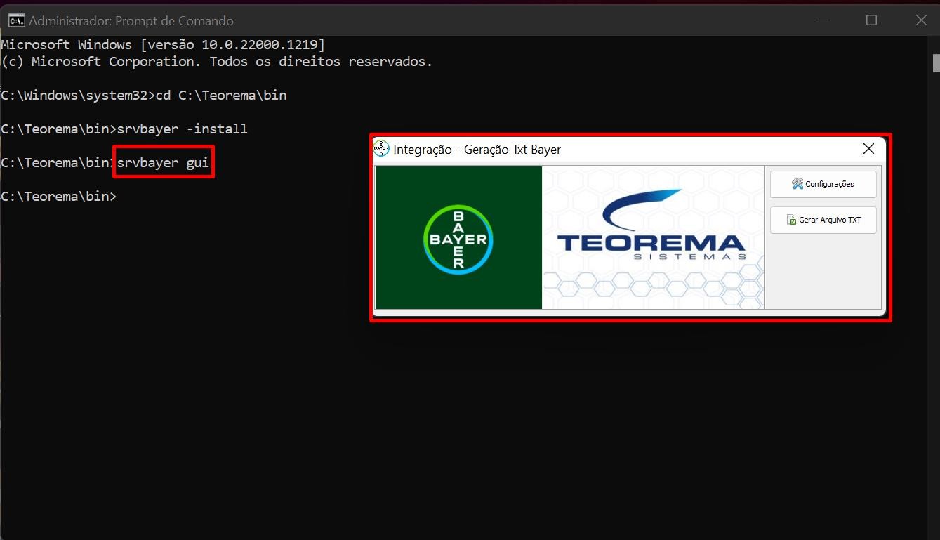 Prompt de Comando com o comando "srvbayer gui" e a janela "Integração - Geração Txt Bayer" aberta com os botões Configurações e Gerar Arquivo TXT