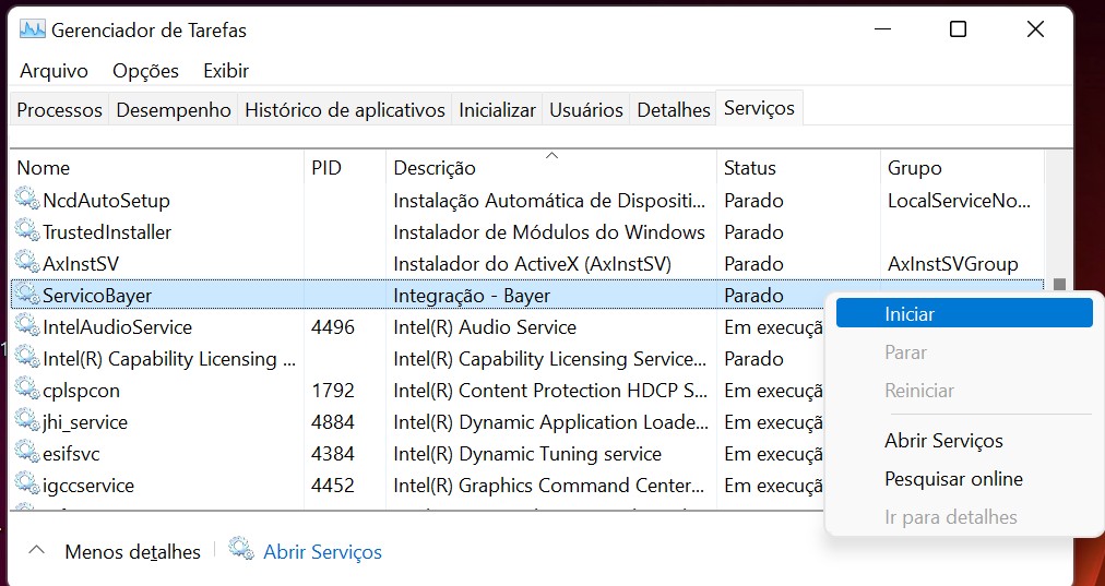 Gerenciador de Tarefas na aba Serviços com o serviço ServiceBayer selecionado (status Parado) e o menu de contexto exibindo a opção Iniciar