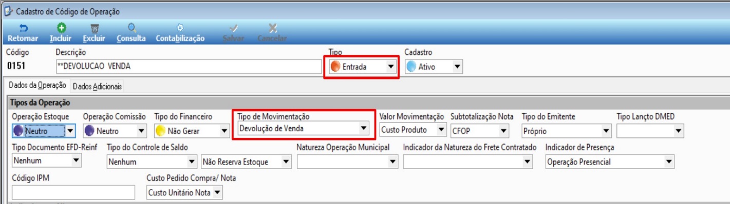 Tela Cadastro de Código de Operação com código 0151 (**DEVOLUCAO VENDA), campo Tipo definido como "Entrada" e campo Tipo de Movimentação definido como "Devolução de Venda"