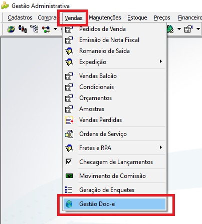 Menu Vendas expandido no Gestão Administrativo mostrando a opção "Gestão Doc-e" destacada na parte inferior da lista