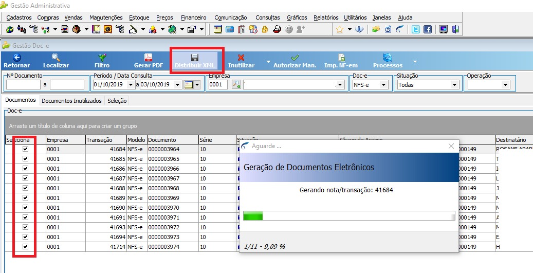 Tela Gestão Doc-e com todos os documentos selecionados (coluna Seleciona marcada) e janela de progresso "Geração de Documentos Eletrônicos" aberta exibindo barra de progresso e mensagem "Gerando nota/transação: 41684"; botão Distribuir XML destacado na barra de ferramentas