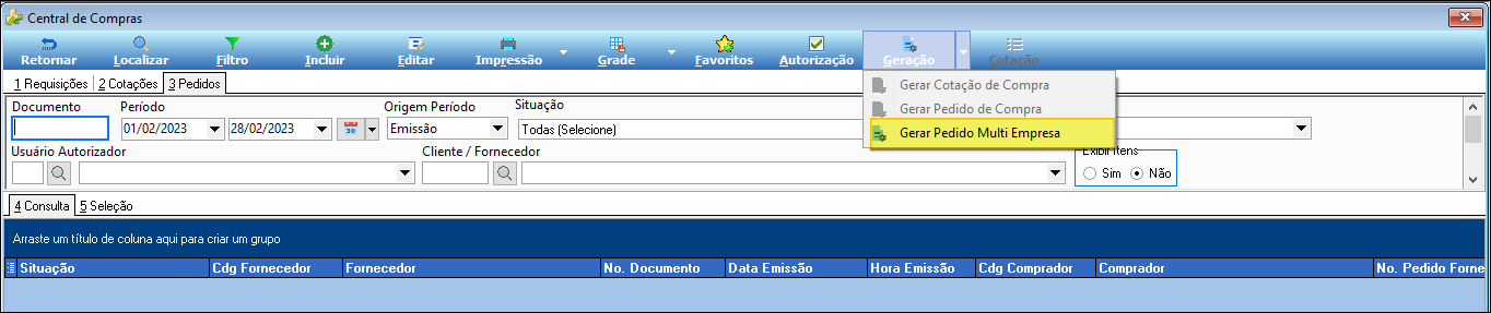 Central de Compras com menu Geração expandido e opção "Gerar Pedido Multi Empresa" destacada; colunas da grade: Situação, Cdg Fornecedor, Fornecedor, No. Documento, Data Emissão, Hora Emissão, Cdg Comprador, Comprador, No. Pedido Forne