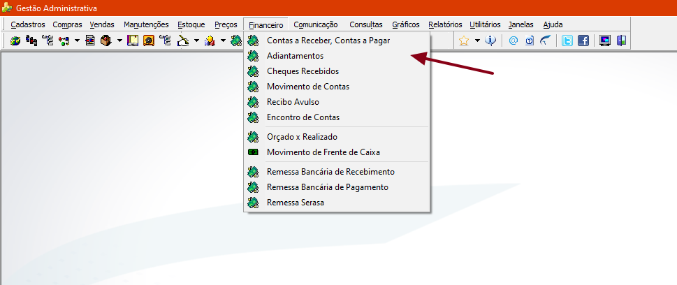 Menu Financeiro expandido com opções: Contas a Receber/Contas a Pagar, Adiantamentos (indicado por seta), Cheques Recebidos, Movimento de Contas, Recibo Avulso, Encontro de Contas, entre outros