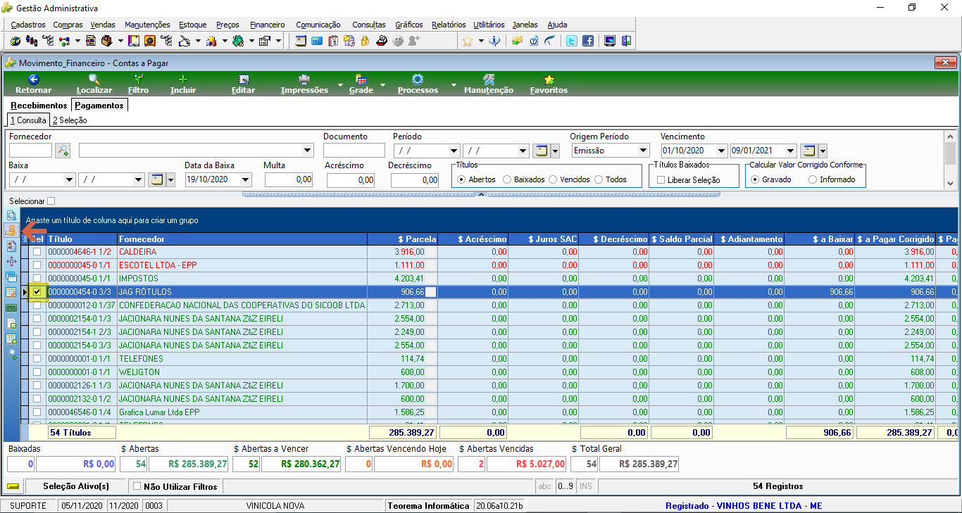 Tela Movimento_Financeiro - Contas a Pagar, aba Pagamentos, com título 0000000454-0 3/3 JAG RÓTULOS no valor de R$ 906,66 selecionado (linha marcada com check); seta indica a coluna Sel