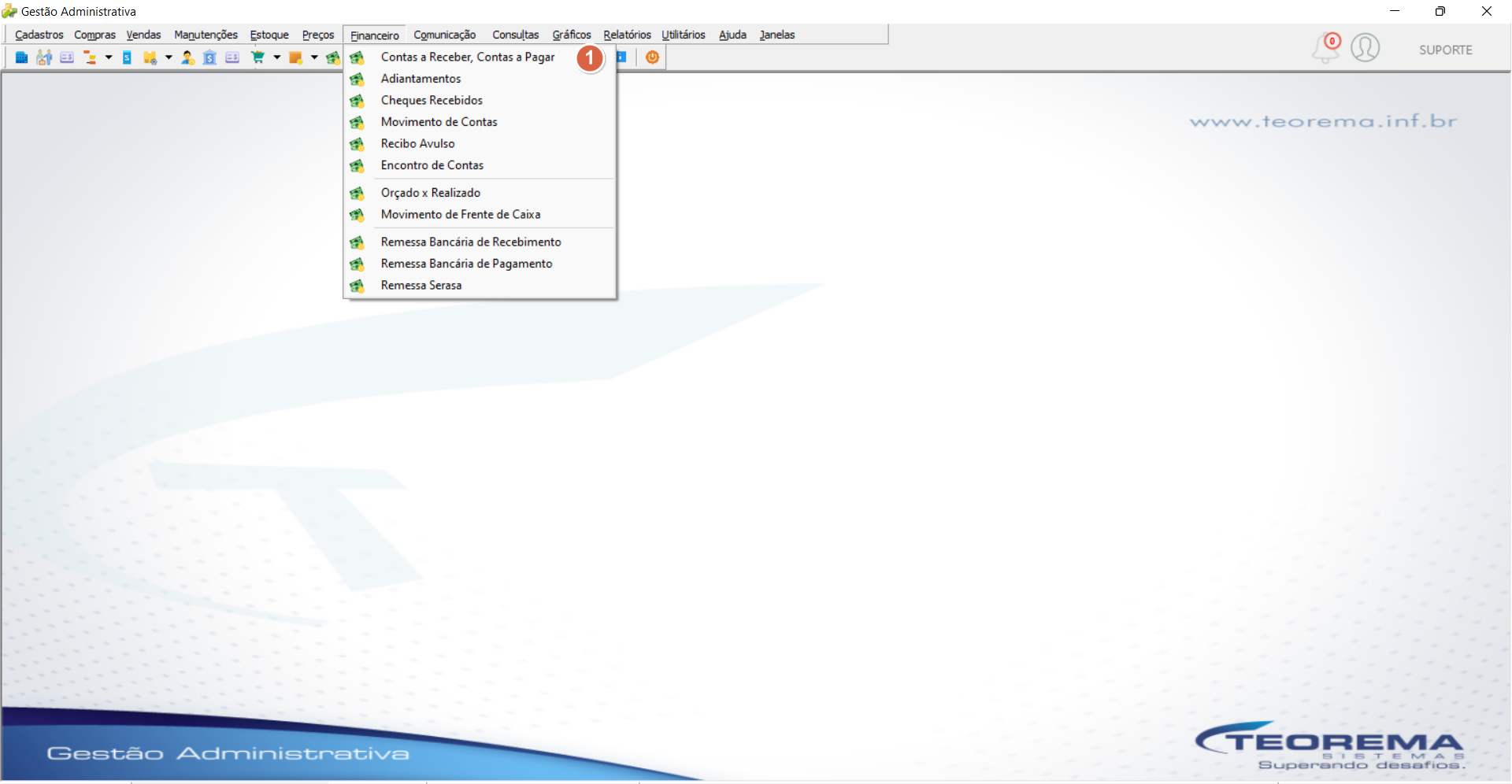 Menu Financeiro do Gestão Administrativo com o submenu expandido, destacando as opções: Contas a Receber, Contas a Pagar, Cheques Recebidos, Movimento de Contas, Recibo Avulso, Encontro de Contas, Orçado e Realizado, Movimento de Frente de Caixa, Remessa Bancária de Recebimento, Remessa Bancária de Pagamento, Remessa Saneax