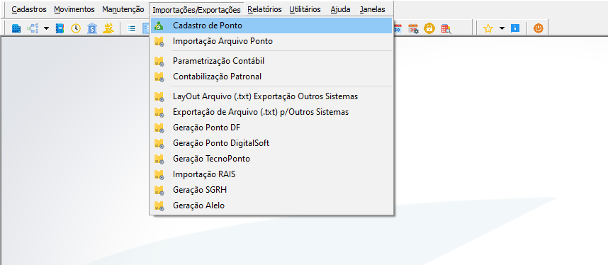 Menu Importações/Exportações com opção Cadastro de Ponto em destaque; lista completa inclui Importação Arquivo Ponto, Parametrização Contábil, Contabilização Patronal, LayOut Arquivo (.txt) Exportação Outros Sistemas, Exportação de Arquivo (.txt) p/Outros Sistemas, Geração Ponto DF, Geração Ponto DigitalSoft, Geração TecnoPonto, Importação RAIS, Geração SGRH e Geração Alelo