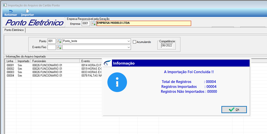 Tela Importação do Arquivo de Cartão Ponto após processamento, com diálogo Informação exibindo a mensagem "A Importação Foi Concluída !!" e totais: Total de Registros 00004, Registros Importados 00004, Registros Não Importados 00000; grade inferior mostra as linhas importadas com colunas Linha, Importado, Funcionário e Evento
