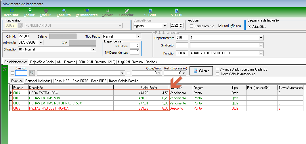 Tela Movimento de Pagamento na aba Eventos, exibindo eventos importados do ponto: 0014 HORA EXTRA 100%, 0019 HORAS EXTRAS 50%, 0033 HORAS EXTRAS NOTURNAS C/50% e 0078 FALTAS NAO JUSTIFICADA, todos com Origem Ponto; cabeçalho mostra competência Agosto/2022 e opção e-Social Produção real marcada