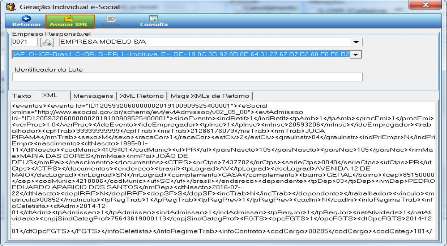 Tela Geração Individual e-Social, aba XML, com o conteúdo XML do evento S-2200 e os botões Retornar, Fechar, Excluir, Consulta e Impressão.