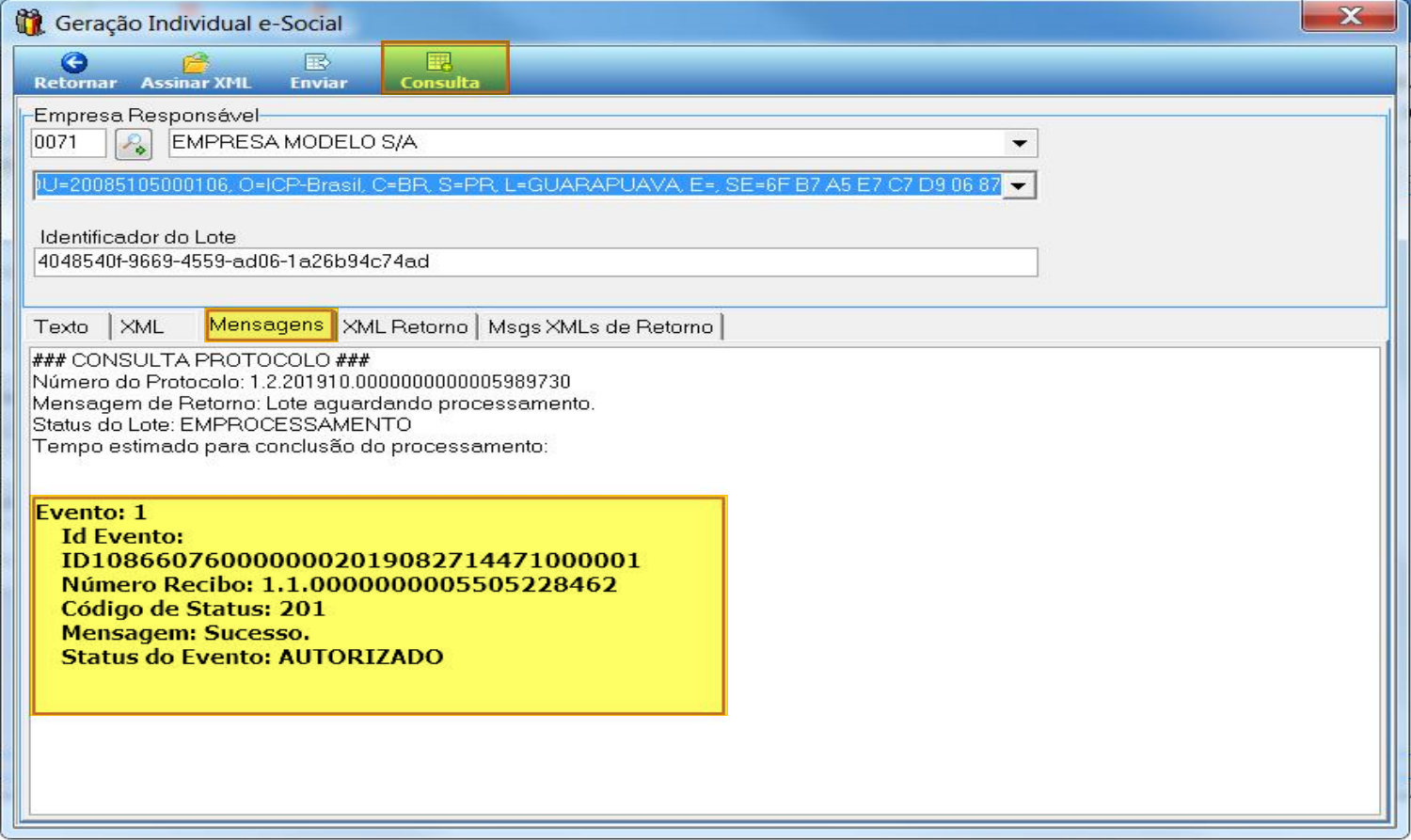 Tela Geração Individual e-Social, aba Mensagens, com o botão Consulta destacado e o retorno da consulta de protocolo exibindo Id Evento, Número Recibo, Código de Status 201, Mensagem Sucesso e Status do Evento AUTORIZADO.