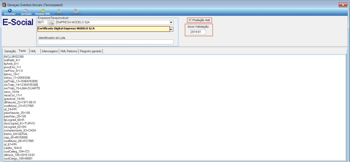 Tela Geração Eventos Iniciais, aba Texto, com o conteúdo textual do evento S-2300 (Autônomos), exibindo os campos cpfTrab, nisTrab, nmTrab, dtNasco, codCateg e codCargo do trabalhador.