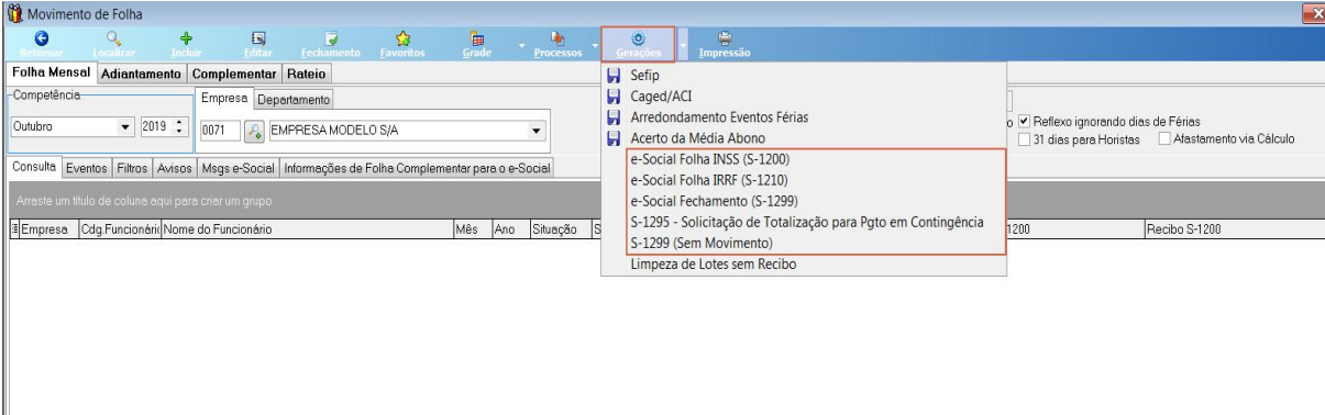 Tela Movimento de Folha, com o botão Gerações aberto exibindo as opções Sefip, Caged/ACI, e-Social Folha INSS (S-1200), e-Social Folha IRRF (S-1210), e-Social Fechamento (S-1299), S-1295 e S-1299 (Sem Movimento).