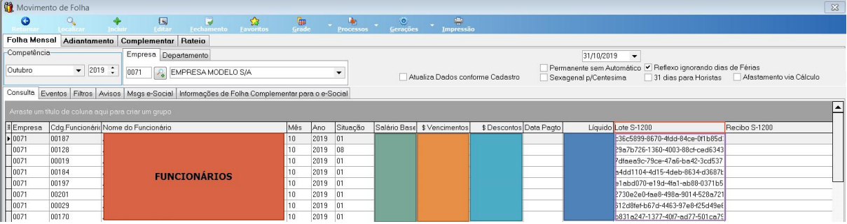 Tela Movimento de Folha, aba Consulta, com a coluna Lote S-1200 preenchida com os protocolos dos lotes gerados. (Os dados dos funcionários estão ocultos na imagem.)