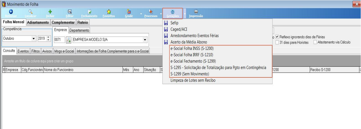 Tela Movimento de Folha, com o botão Gerações aberto e a opção e-Social Folha IRRF (S-1210) entre as demais opções de geração.