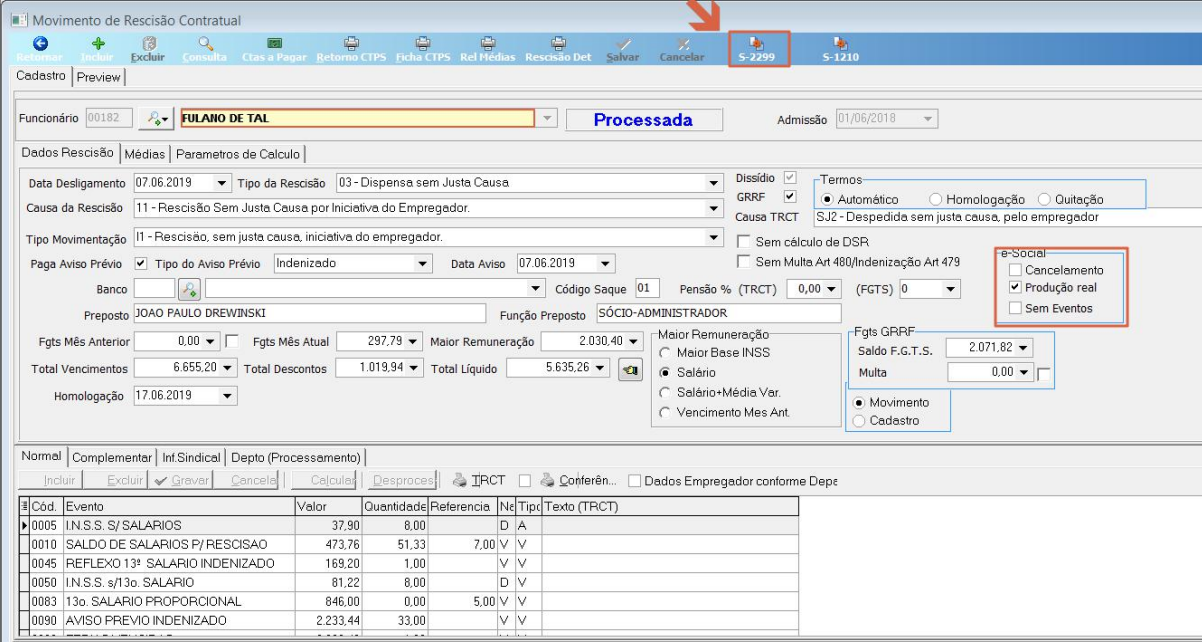 Tela Movimento de Rescisão Contratual com o status Processada, os dados do cálculo da rescisão e o quadro eSocial com as opções Produção real e Sem Eventos.