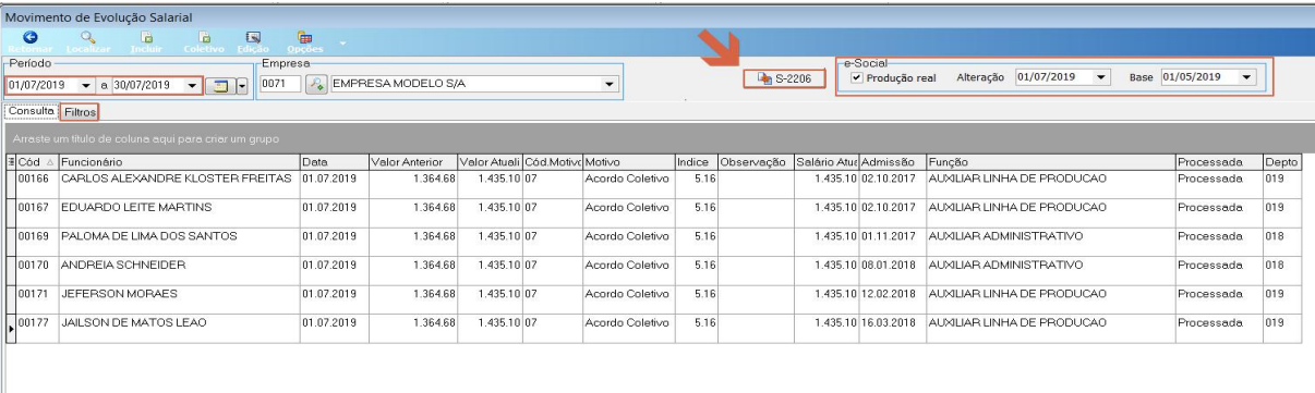 Tela Movimento de Evolução Salarial, com o botão S-2206 destacado, a marcação Produção real, e a grade com as colunas Cód., Funcionário, Data, Valor Anterior, Valor Atual, Motivo, Salário Atual, Admissão, Função, Processado e Depto.