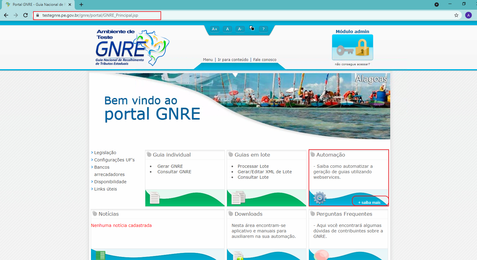 Portal GNRE em homologação com a aba Automação destacada no menu lateral