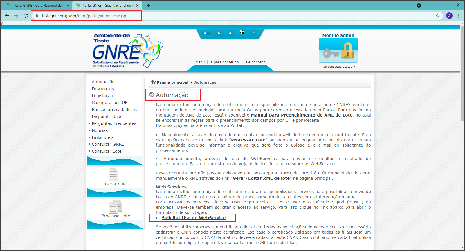 Página Automação do portal GNRE em homologação exibindo link "Solicitar Uso do Webservice" e texto explicativo sobre Web Services
