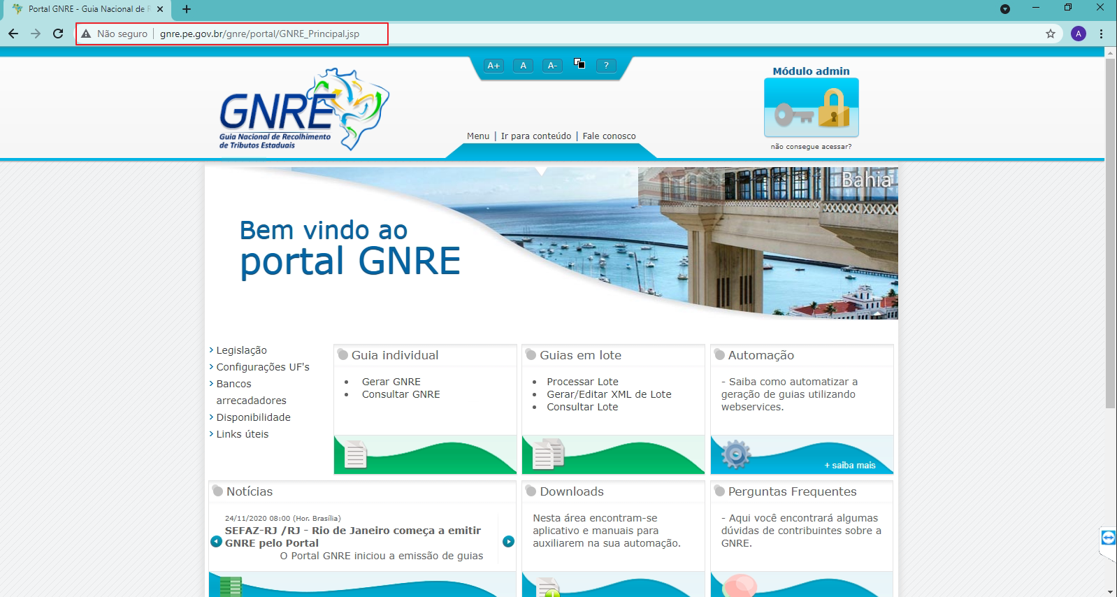 Portal GNRE em produção — gnre.pe.gov.br — com menu lateral exibindo as mesmas seções do portal de homologação