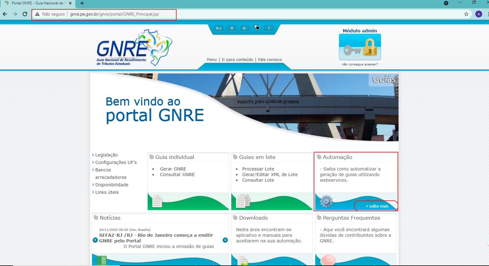 Portal GNRE em produção com a seção Automação destacada no menu lateral