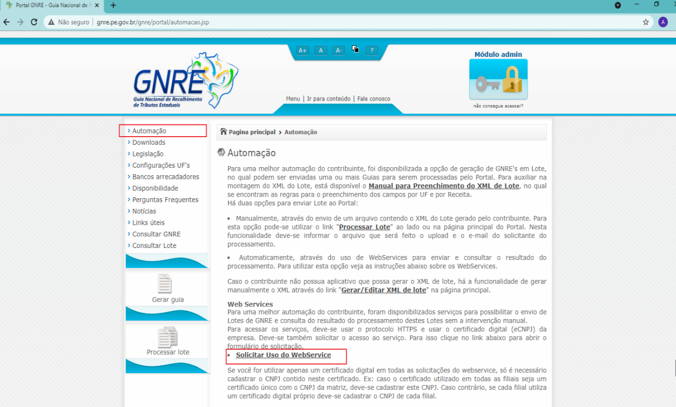 Página Automação do portal GNRE em produção com link "Solicitar Uso do Webservice"