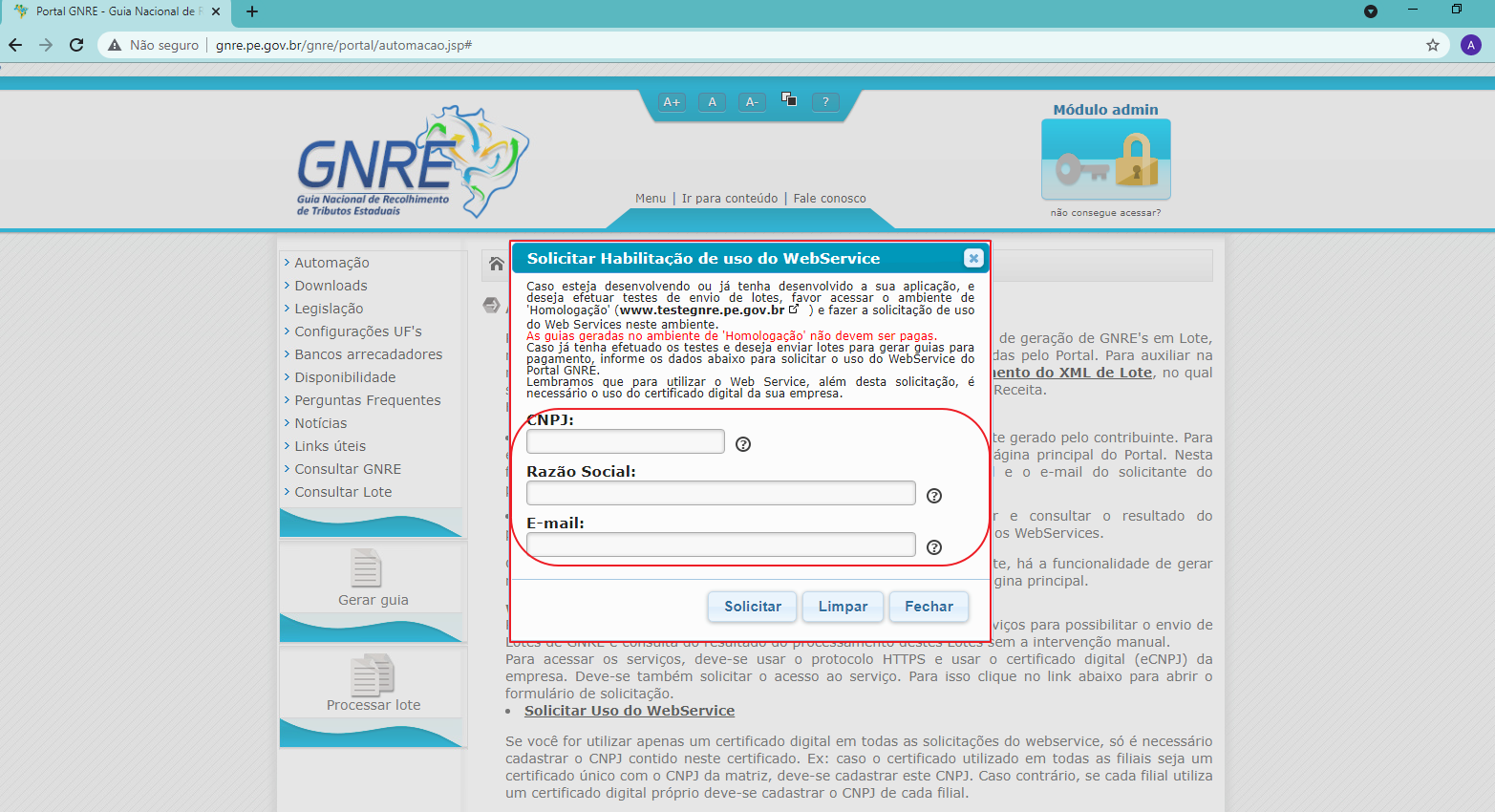 Janela "Solicitar Habilitação de uso do WebService" em produção com campos CNPJ, Razão Social e E-mail e botões Solicitar, Limpar e Fechar