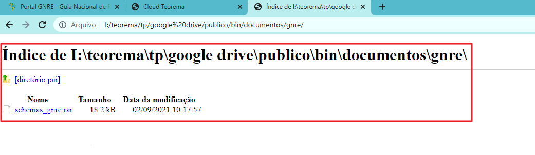 Navegador de arquivos exibindo índice da pasta I:\teorema\tp\google drive\publico\bin\documentos\gnre com o arquivo schemas_gnre.rar de 18,2 kB