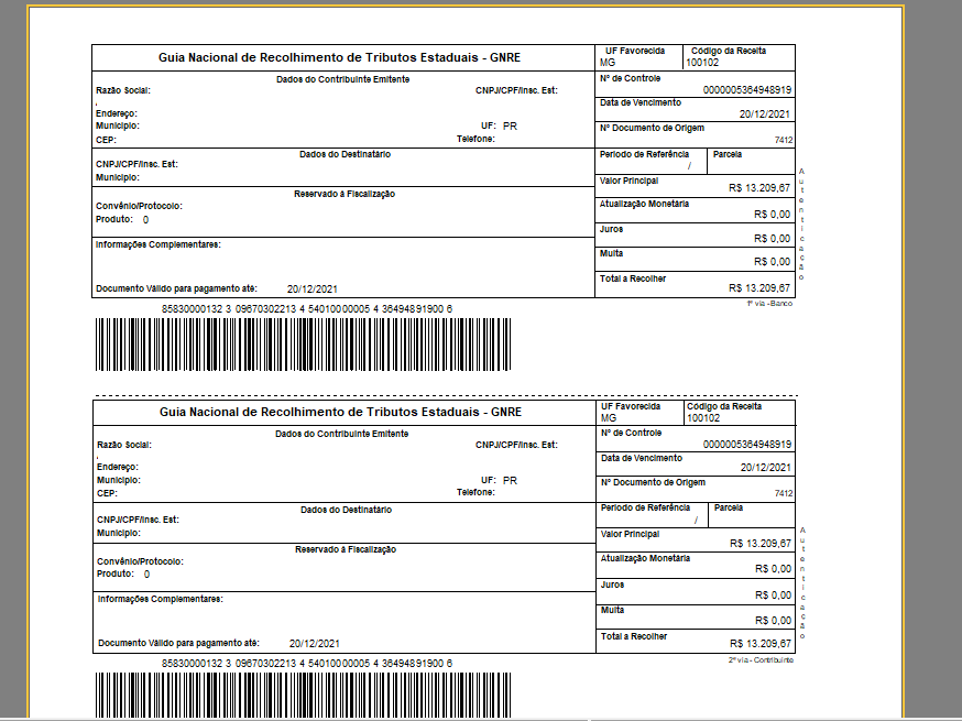 Guia Nacional de Recolhimento de Tributos Estaduais exibindo duas vias (1ª via-Banco e 2ª via-Contribuinte) com campos Razão Social, CNPJ, UF Favorecida MG, Código da Receita 100102, Data de Vencimento 20/12/2021, Valor Principal R$ 13.209,67 e código de barras