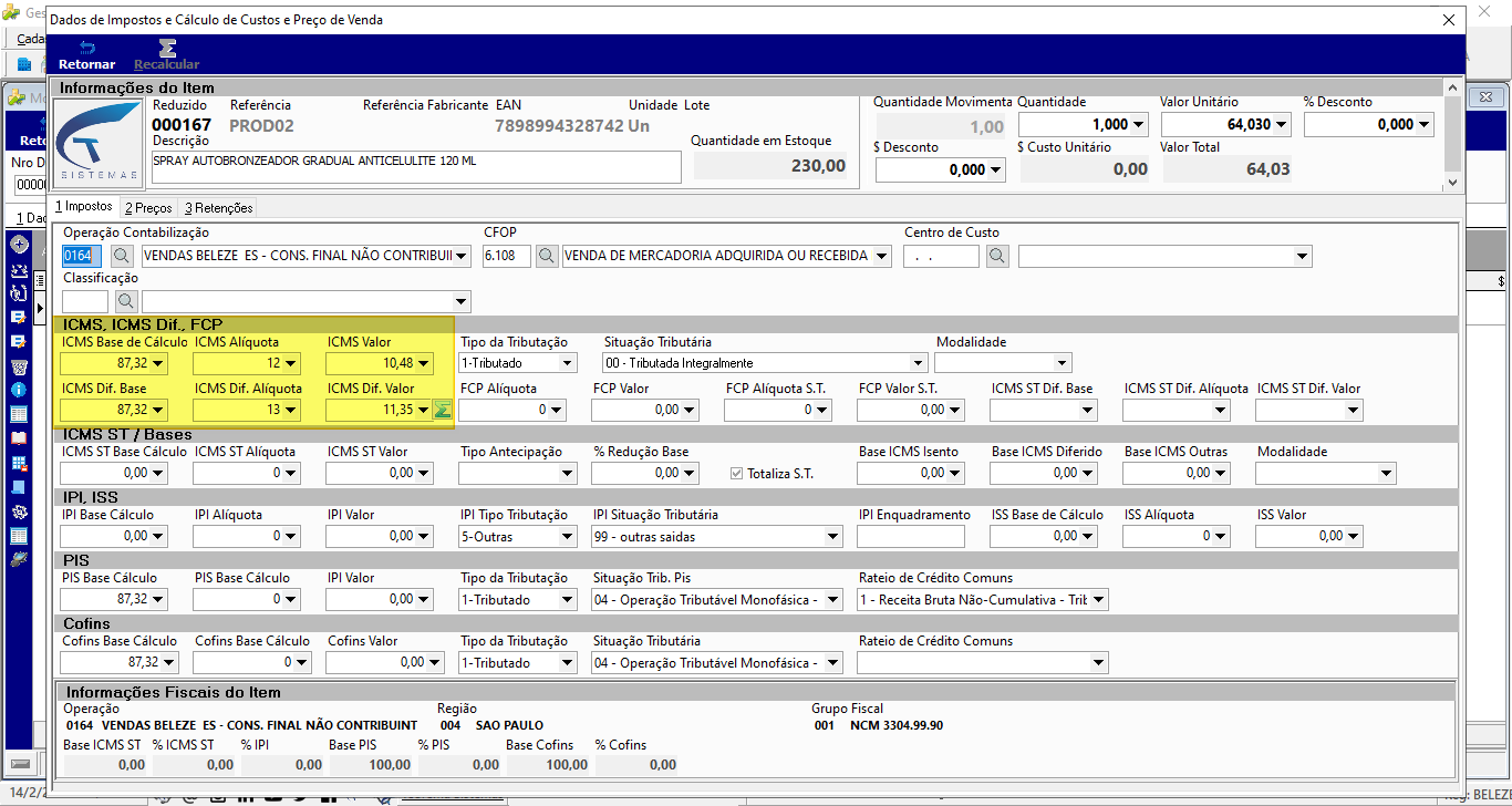 Tela Dados de Impostos e Cálculo de Custos e Preço de Venda com seção ICMS, ICMS Dif., FCP mostrando ICMS Base de Cálculo 87,32, ICMS Alíquota 12, ICMS Valor 10,48, ICMS Dif. Base 87,32, ICMS Dif. Alíquota 13, ICMS Dif. Valor 11,35