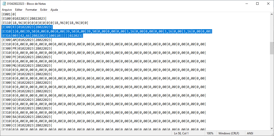 Editor de texto mostrando conteúdo do arquivo SPED com registros E001, E100, E110, E300 para RJ com datas 01022023 a 28022023, E310 com valores de DIFAL e E316, seguidos de blocos E300 para AM, PR, PE, MG, DF, SC, RS, GO, SE, BA, CE e demais UFs