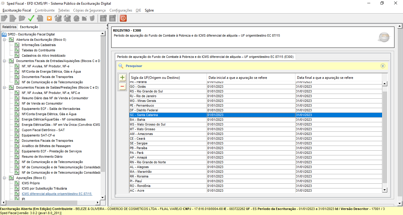 Tela Sped Fiscal EFD ICMS/IPI com árvore de registros à esquerda mostrando ICMS diferencial alíquota origem/destino EC 87/15 selecionado e painel E300 à direita com tabela de UFs listando PR-Paraná, GO-Goiás, RS-Rio Grande do Sul, RJ-Rio de Janeiro, MG-Minas Gerais, PE-Pernambuco, DF-Distrito Federal, SC-Santa Catarina e demais estados com datas de apuração 01/01/2023 a 31/01/2023