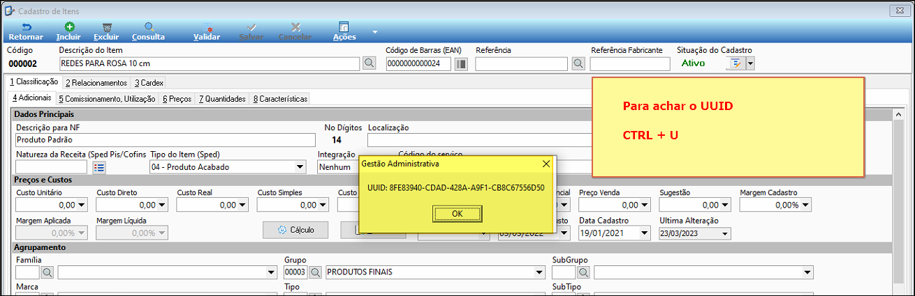 Tela Cadastro de Item com modal Gestão Administrativa exibindo o UUID do item após pressionar CTRL + U