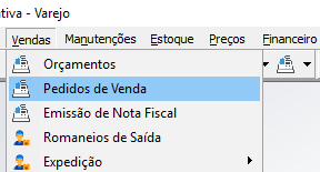 Menu Vendas com as opções Orçamentos, Pedidos de Venda, Emissão de Nota Fiscal, Romaneios de Saída e Expedição; Pedidos de Venda está destacado