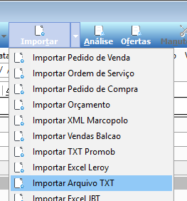 Menu suspenso do botão Importar com as opções: Importar Pedido de Venda, Importar Ordem de Serviço, Importar Pedido de Compra, Importar Orçamento, Importar XML Marcopolo, Importar Vendas Balcao, Importar TXT Promob, Importar Excel Leroy, Importar Arquivo TXT (destacado) e Importar Excel JBT