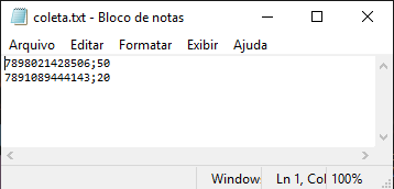 Bloco de Notas exibindo o arquivo coleta.txt com duas linhas: "7898021428506;50" e "7891089444143;20"