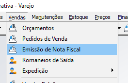 Menu Vendas com as opções Orçamentos, Pedidos de Venda, Emissão de Nota Fiscal (destacado), Romaneios de Saída e Expedição