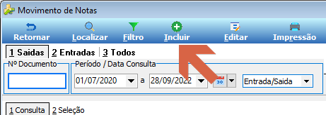Tela Movimento de Notas com barra de ferramentas exibindo os botões Retornar, Localizar, Filtro, Incluir, Editar e Impressão; abas 1 Saídas, 2 Entradas e 3 Todos