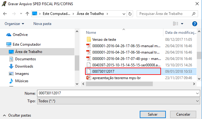 Janela do Windows para seleção de arquivo SPED FISCAL PIS/COFINS, com arquivo "000730112017" selecionado na Área de Trabalho