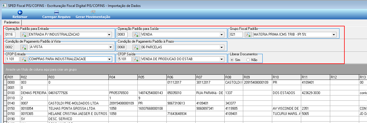 Tela SPED Fiscal PIS/COFINS – Importação de Dados com parâmetros preenchidos: Operação Padrão para Entrada 0116 Entrada p/ Industrialização, Operação Padrão para Saída 0083 Venda, Grupo Fiscal Padrão 021 Materia Prima ICMS Trib IPI 5%, Condição de Pagamento à Vista 0002 A Vista, a Prazo 0068 06 Parcelas, CFOP Entrada 1.101 Compras para Industrialização, CFOP Saída 5.101 Venda de Producao do Estab., Liberar Documentos marcado como Sim