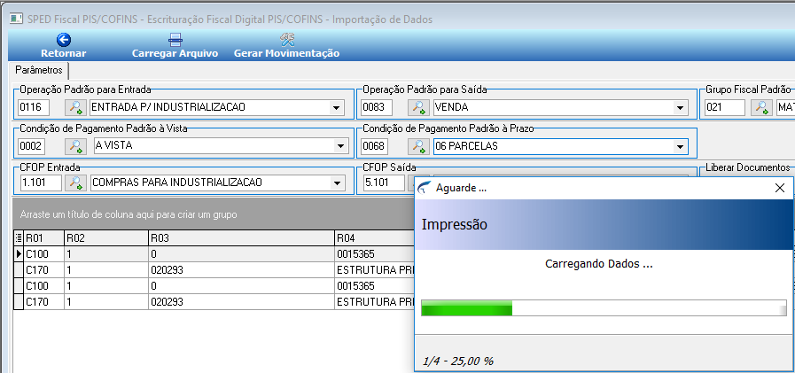 Tela SPED Fiscal PIS/COFINS – Importação de Dados com janela modal Impressão aberta exibindo mensagem Carregando Dados e barra de progresso em 1/4 – 25,00%; grade exibe registros C100 e C170 sendo processados